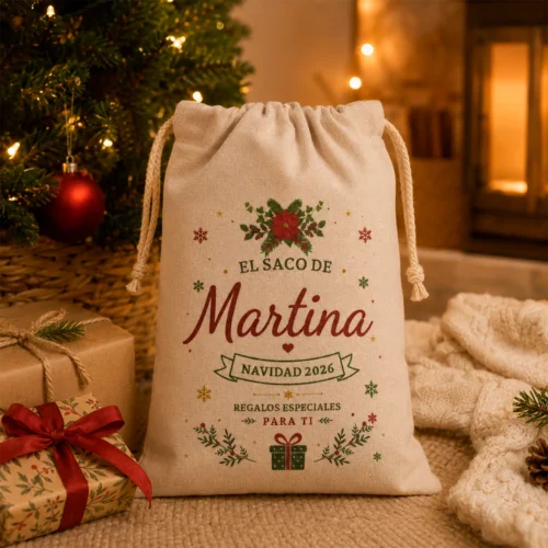 Saco de Navidad personalizado con el nombre Martina junto al árbol