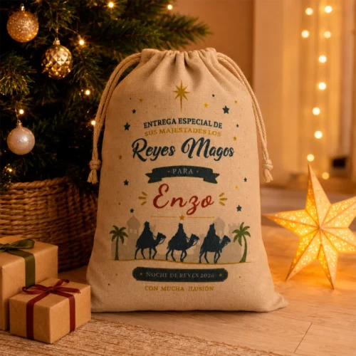 Saco de Reyes Magos personalizado con el nombre Enzo junto al árbol de Navidad