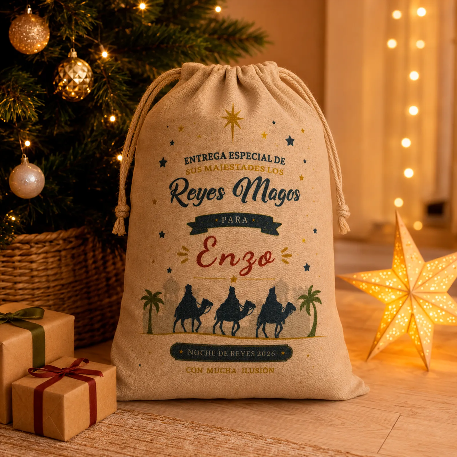 Saco de Reyes Magos personalizado con el nombre Enzo junto al árbol de Navidad