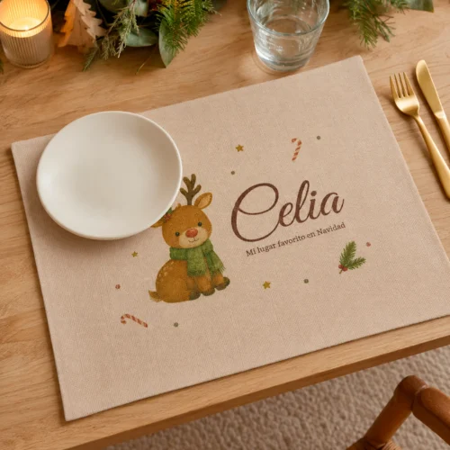 Salvamantel navideño personalizado con ciervito y nombre Celia