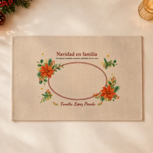 Salvamantel personalizado con apellidos en una mesa de Navidad