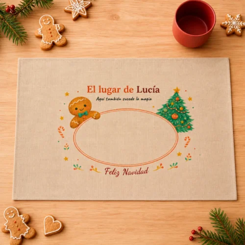 Salvamantel infantil personalizado en una mesa de Navidad