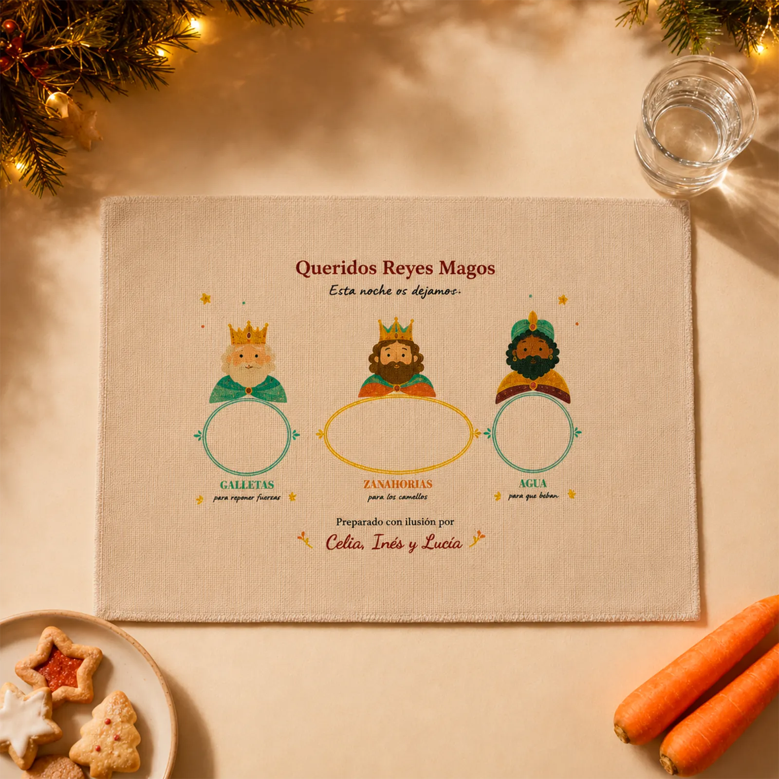 Salvamantel preparado con galletas, zanahorias y agua para los Reyes Magos