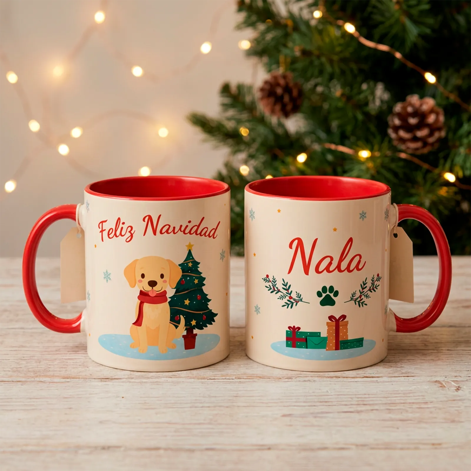 Taza de Navidad con ilustración de mascota y nombre personalizado