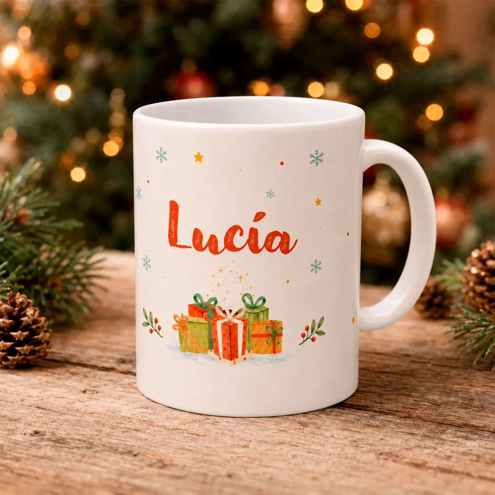 Taza personalizada con nombre y regalos de Navidad.