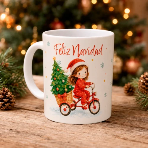 Taza de Navidad personalizada con niña en triciclo.