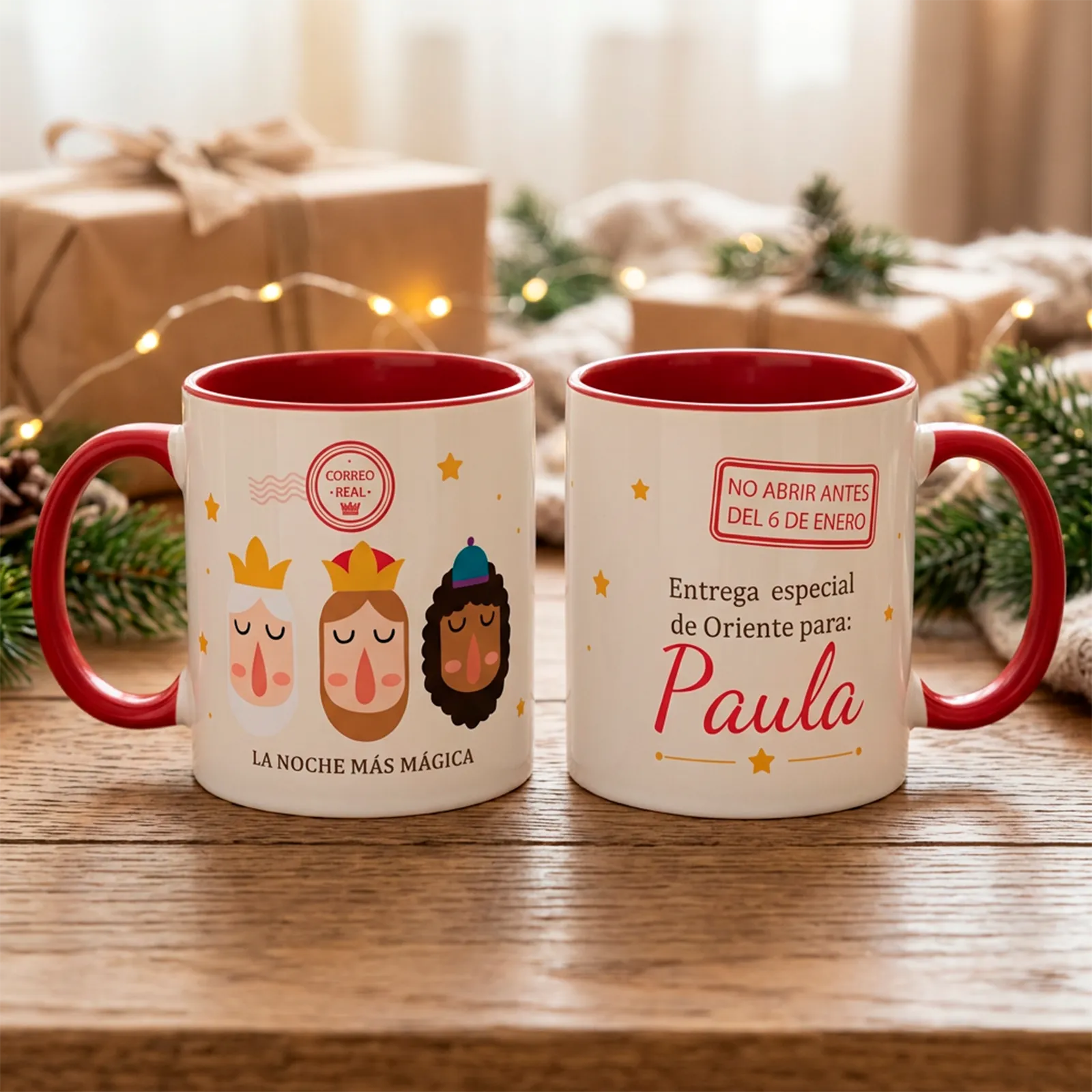 Taza de Reyes con asa e interior rojos personalizada