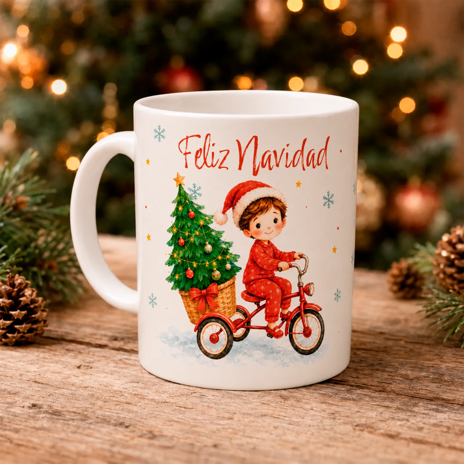 Taza navideña personalizada con niño en bici.