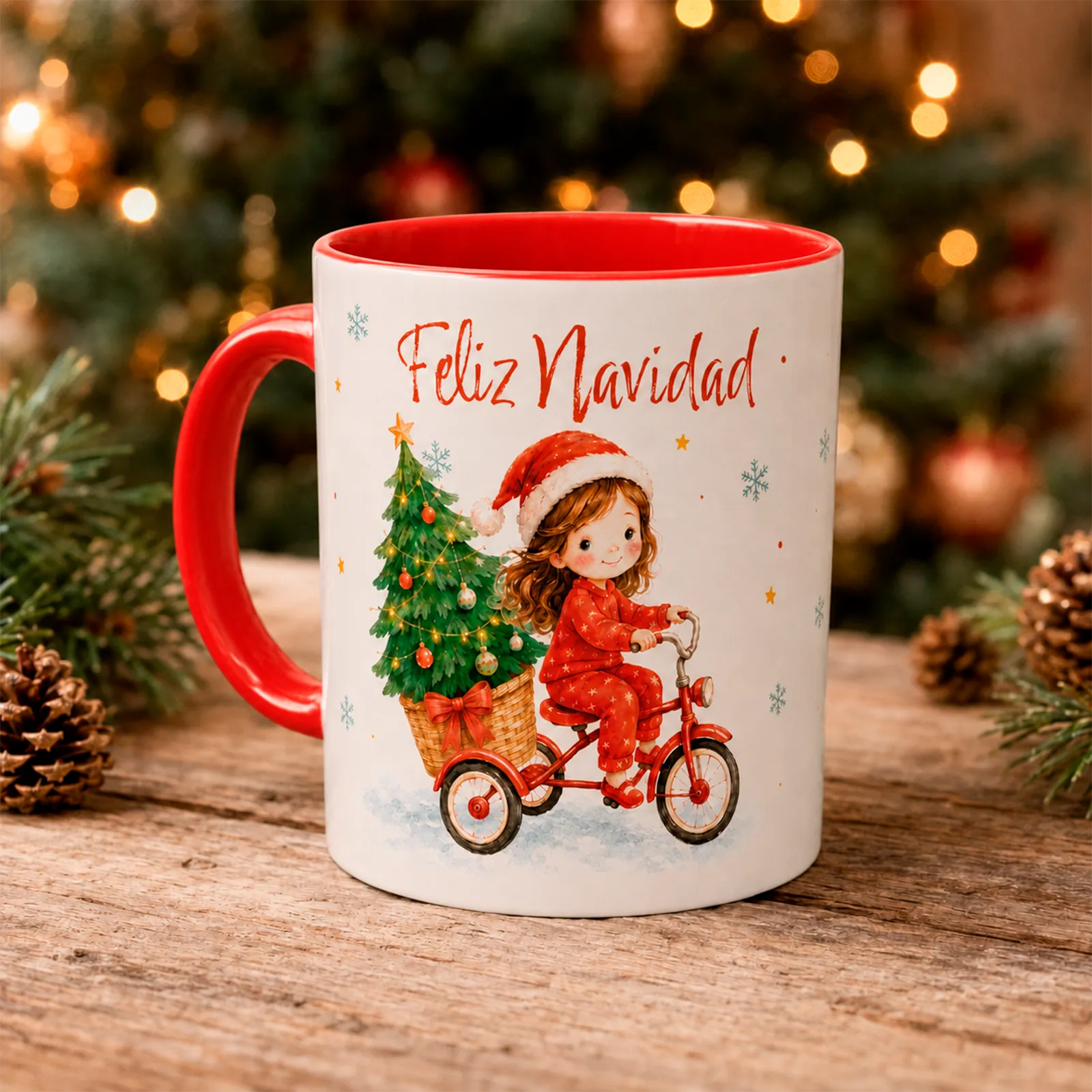 taza roja niña personalizada Taza con interior y asa roja para Navidad.