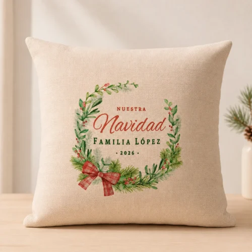 Cojín de Navidad personalizado con apellido Familia López y año 2026
