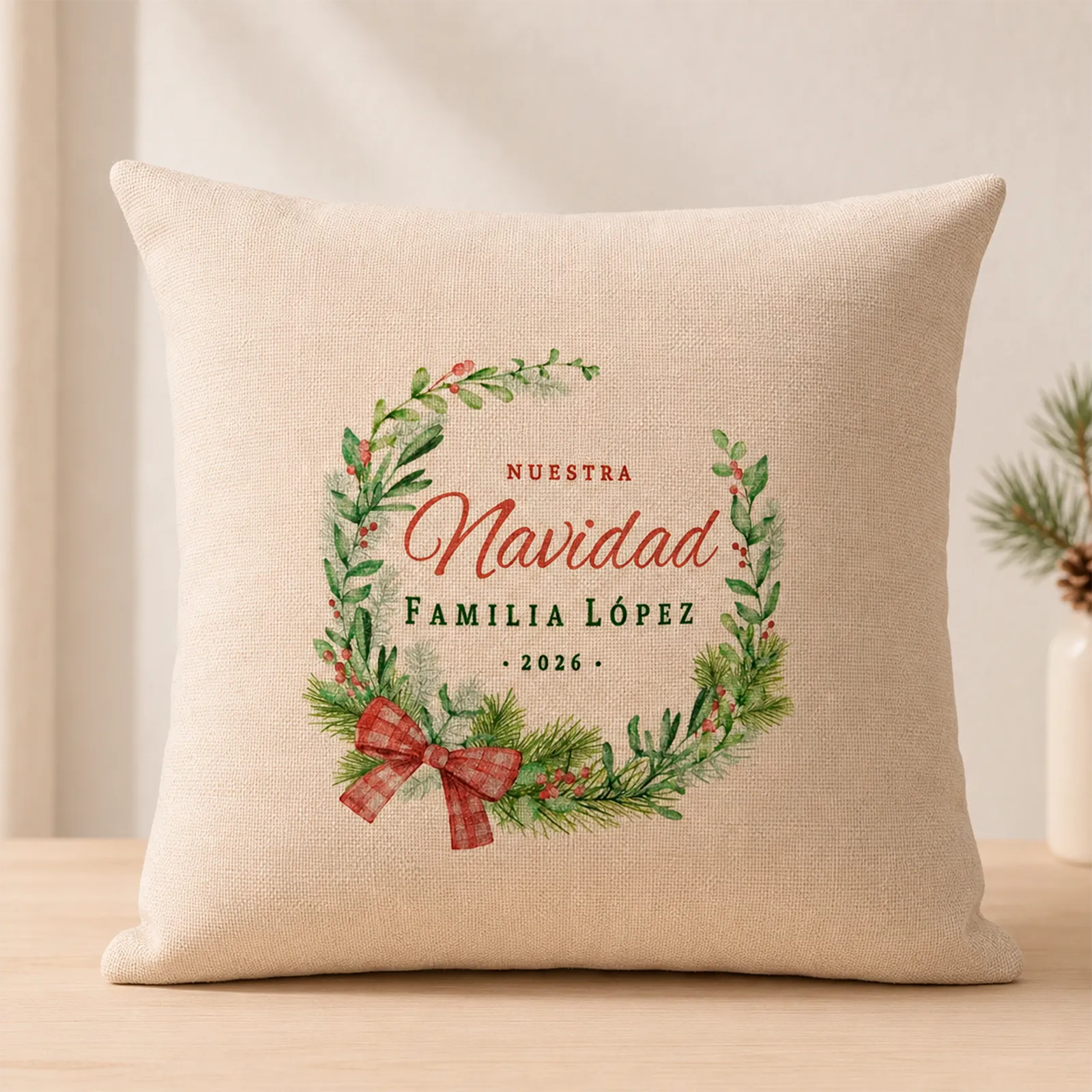 Cojín de Navidad personalizado con apellido Familia López y año 2026