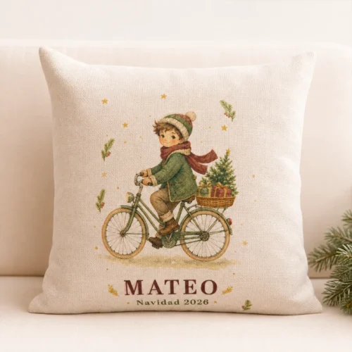 Cojín infantil personalizado con nombre y niño o niña en bicicleta