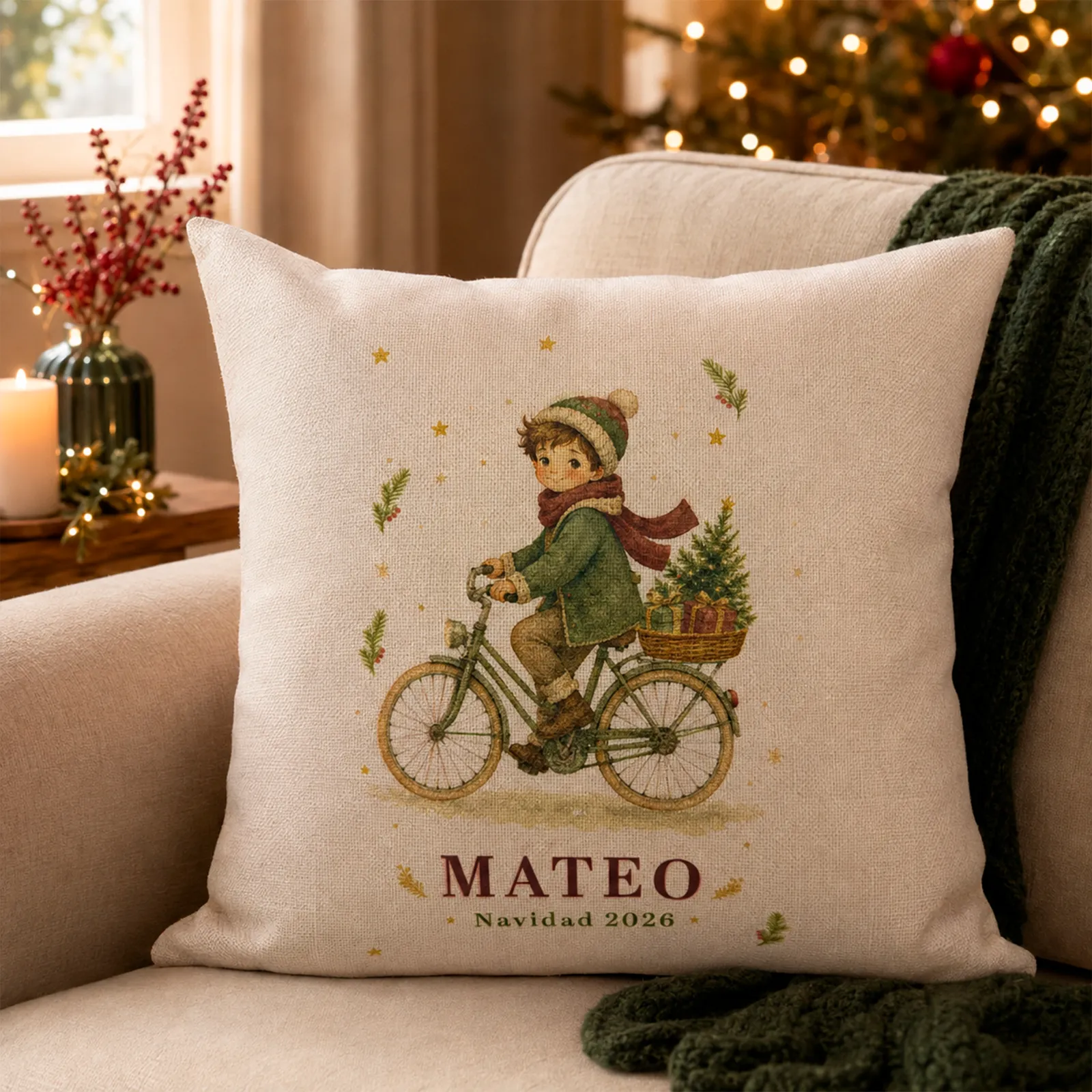 Cojín de Navidad personalizado infantil con niño en bicicleta y nombre