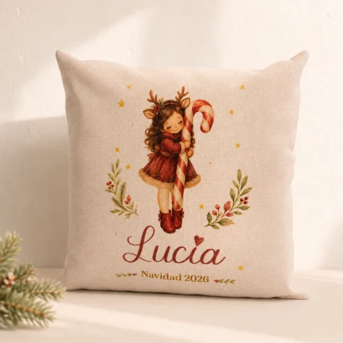Cojín de Navidad personalizado para niña con nombre e ilustración de ciervo