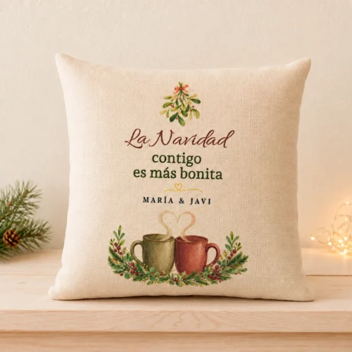 Cojín de Navidad personalizado para parejas con los nombres María y Javi