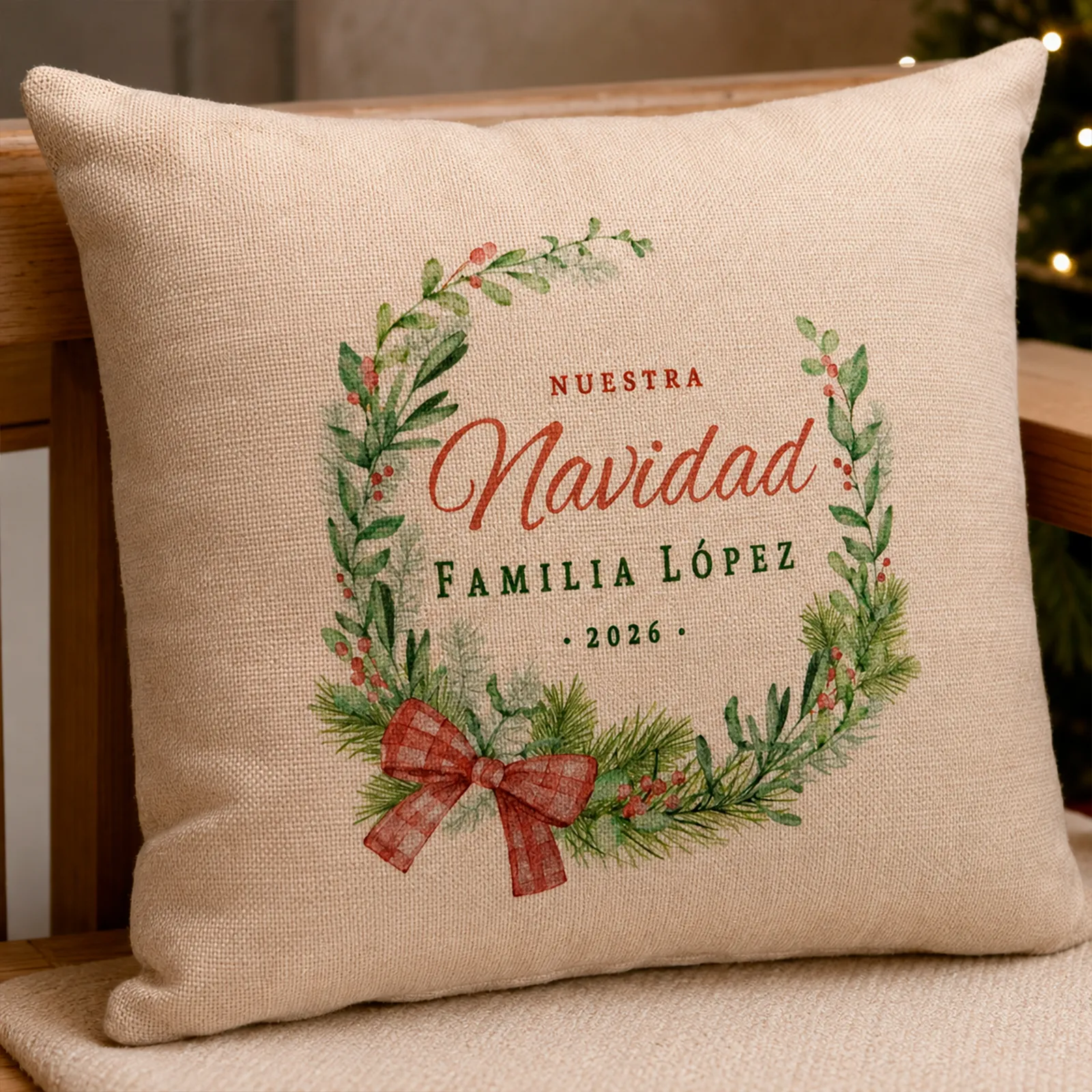 Detalle del cojín de Navidad personalizado con apellido familiar y año
