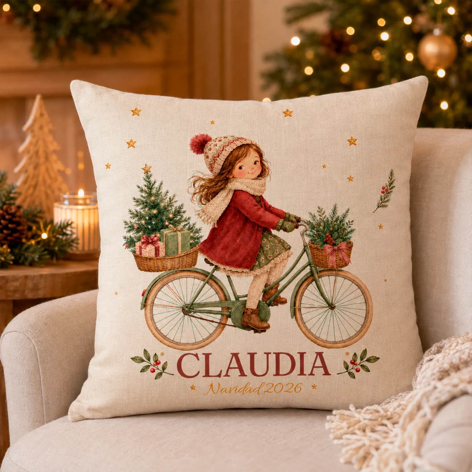 Cojín de Navidad personalizado infantil con niña en bicicleta y nombre
