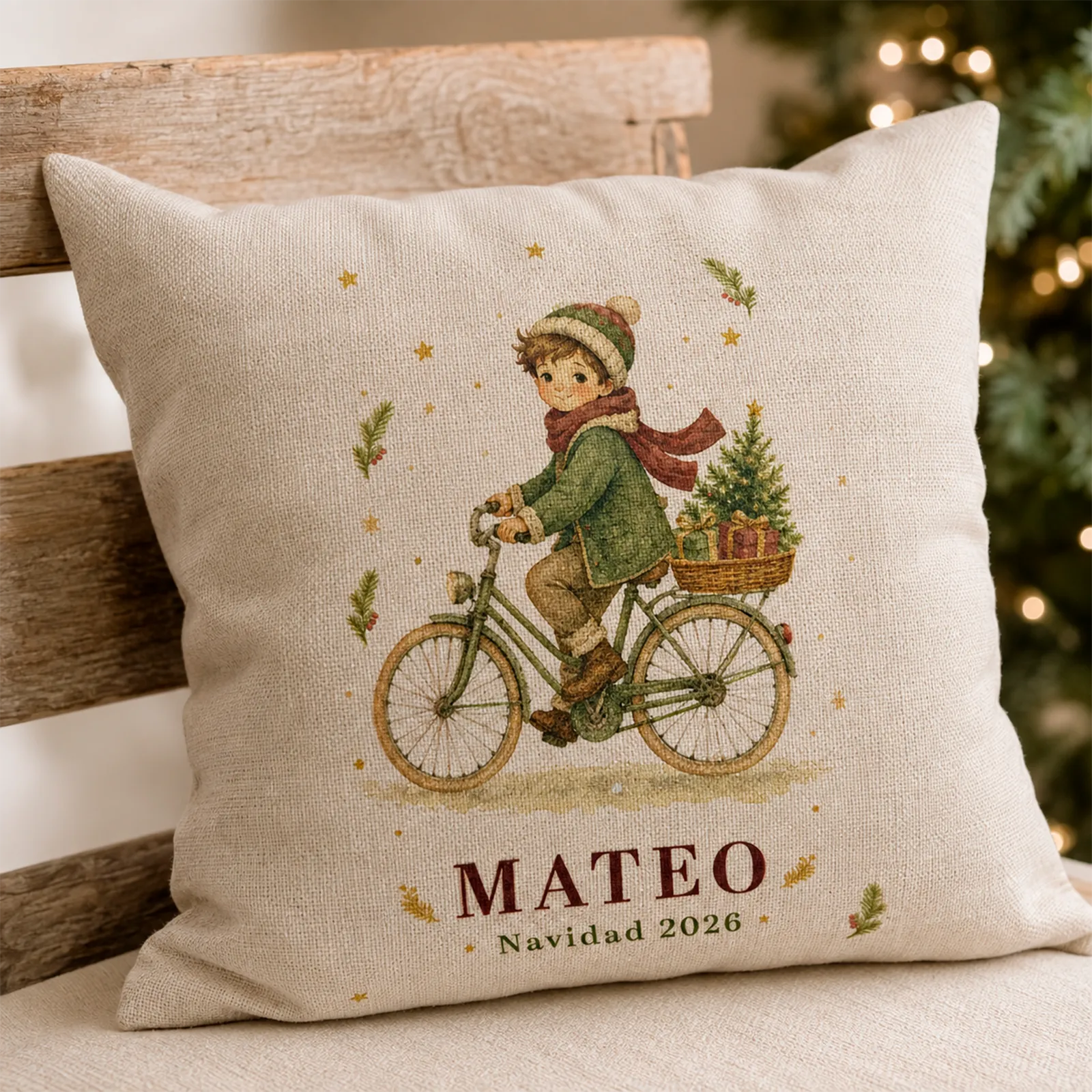 Detalle del tejido del cojín navideño personalizado con nombre