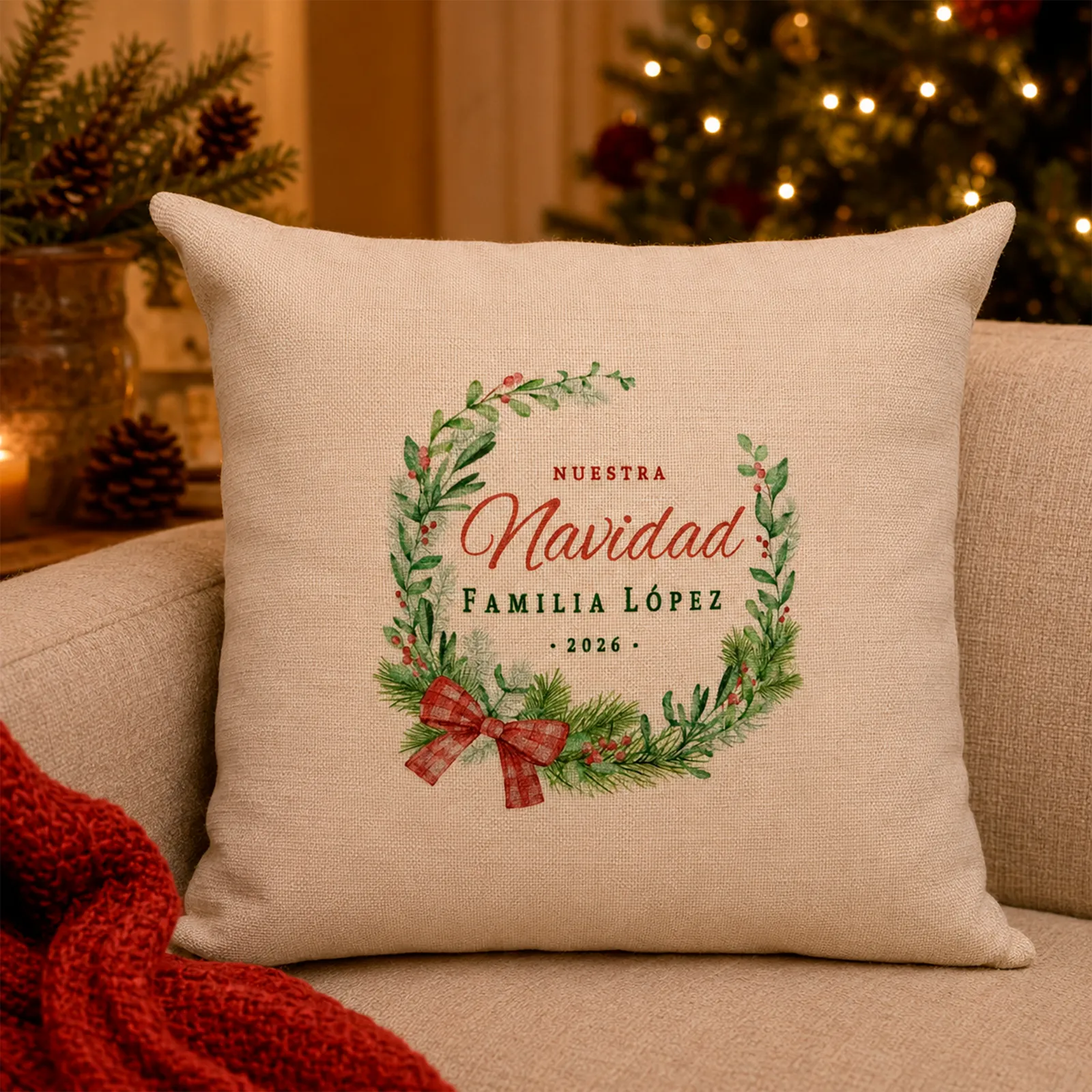 Cojín navideño familiar personalizado con apellido y corona vegetal